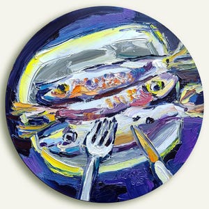 Round Fish Aesthetic Art Oil Painting Perfect Wall Decor for Living Room/Office/Kitchen Bedroom and Home Blue Wall artwork Kovalenko d.12in