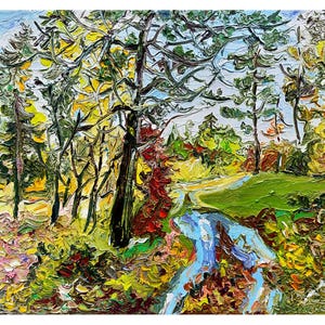 May include: Impasto oil painting of a forest scene with a stream. The artwork features a path winding through trees with green, yellow, and red foliage. The stream is painted in shades of blue and white.