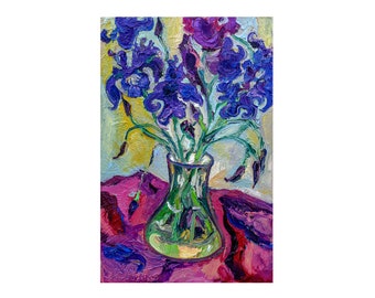 Iris bouquet hôtesse cadeau Original peinture à l'huile cuisine Cottagecore art mural appartement déco violet maman anniversaire fête des mères cadeau anniversaire