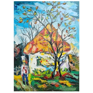 Folk Landscape Painting Ukrainian Colorful Countryscape Kozak Hatka Original Oil Impasto Painting Ukraine Artwork WallArt by Kovalenko 20x28
