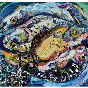 Fish Oil Painting on Canvas Original Impressionism Artwork River Fish Crucian Carp Kitchen Large Wall Art Blue Painting by Kovalenko 26x20in