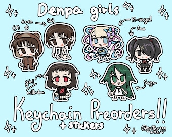 May include: A set of six colorful anime-style character illustrations with the text "Denpa girls" and "Keychain Preorders!! + stickers @gutes999 2024".
