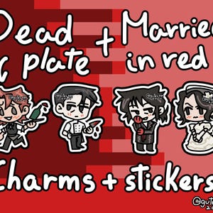 Op de afbeelding: Vier cartoonfiguur stickers op een rode achtergrond. De figuren zijn een kok, een persoon die een bord vasthoudt, een persoon in een rood pak en een persoon in een witte jurk. De tekst op de afbeelding is "Dead + plate in red" en "Charms + stickers!"