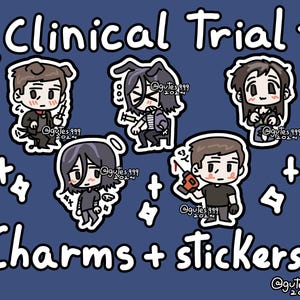 Può includere: Cinque adesivi con personaggi dei cartoni animati colorati con il testo "Clinical Trial + Charms + Stickers!" e l'account social "@gutes 999 2024".