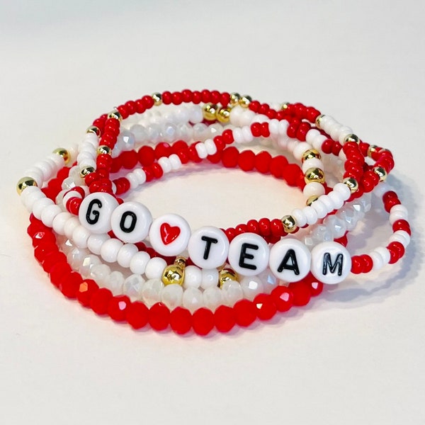 Gameday Bracelet Stack with Red and White, Custom School Spirit Bracelets, Gold Filled Stacking Bracelet, Custom Word Bracelet