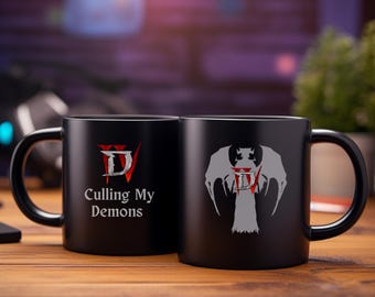 Taza de café para gamer de Diablo 4, regalo nerd de "Culling My Demons" (15 oz)