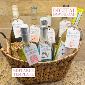 Engagement Wine Tags Digital Download Open When Gift Basket Printable Label Set Engagement Gift Wine Basket Wedding Planning Milestone Wine