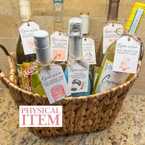 Engagement Wine Tag Gift Basket Label Set Engagement Gift Wine Basket Wedding Planning Milestone Wine Bottle Tags with Twine Engaged Couple