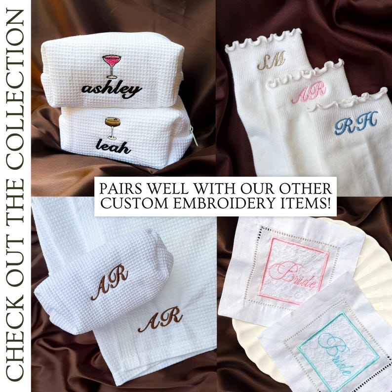 Personalized embroidered socks with custom initials and elegant ruffle trim displayed on rich satin material featuring boutique style pilates socks ideal for barre class outfits yoga studio fashion bridesmaid proposal gifts matching friend gifts college girl accessories and trendy feminine clean aesthetic wardrobes with soft white ribbed socks pastel monogram embroidery cozy comfortable fit and timeless minimalist personalized fashion styling for women and teens