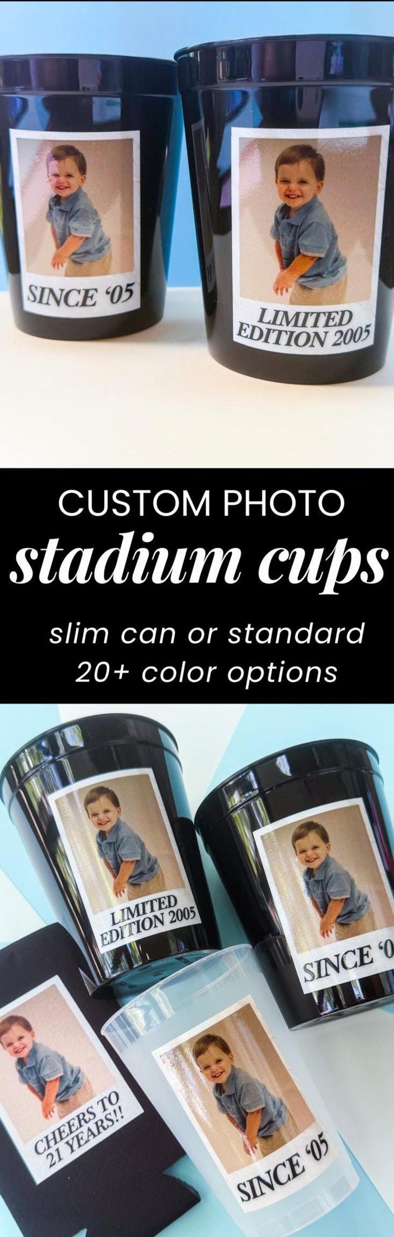 bulk custom stadium cups personalized party cups for large events graduation party favors birthday party cups reusable plastic drinkware custom picture cups custom reusable party cups with photo being used at birthday party and graduation celebration personalized plastic cups bulk event drinkware favors custom photo party cups flat lay personalized stadium cups for graduation birthday party favors reusable plastic cups custom picture drinkware bulk