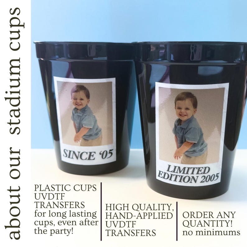 bulk custom photo party cups reusable plastic stadium cups personalized birthday party cups and graduation party favors with matching designs and bright colors