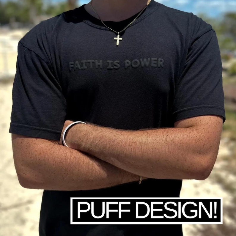 Custom Christian men’s clothing shown on male model Minimalist faith based t-shirt perfect for church wear