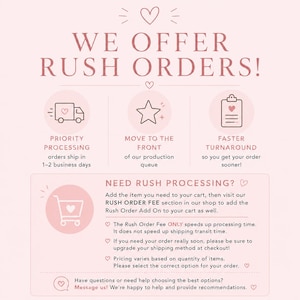 May include: A light pink informational graphic with dark text stating WE OFFER RUSH ORDERS! It features icons of a delivery truck, a star, and a clipboard with hearts. Below, a box titled NEED RUSH PROCESSING? provides instructions on adding a rush fee.