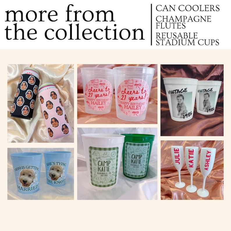 Puede incluir: Una colecci&oacute;n de vasos personalizados que incluye enfriadores de latas negros y rosas con caras, vasos transparentes con texto rosa cheers to 21 years, vasos blancos con texto vintage 1986, vasos azules con fotos de perros y copas de champ&aacute;n.