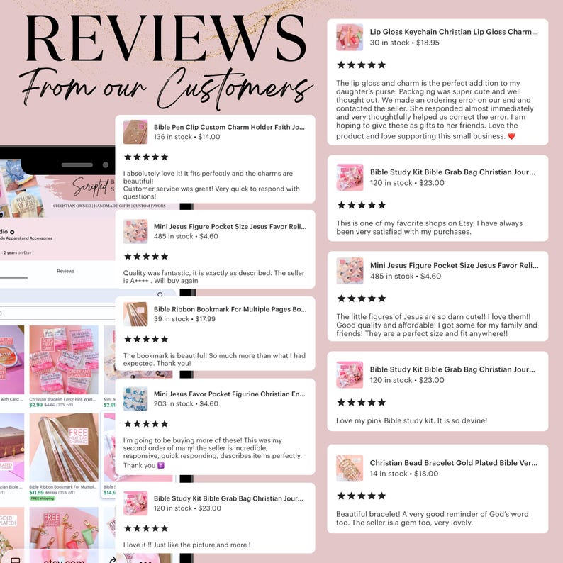 Puede incluir: Imagen de rese&ntilde;as de clientes para productos religiosos. Las rese&ntilde;as se muestran sobre un fondo rosa con texto como "Rese&ntilde;as de nuestros clientes". Los productos incluyen kits de estudio b&iacute;blico, marcadores y figuritas.