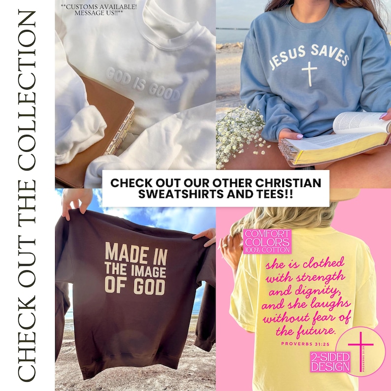 Puede incluir: Colecci&oacute;n de sudaderas y camisetas cristianas. Incluye una sudadera blanca con "GOD IS GOOD", una sudadera azul con "JESUS SAVES", una sudadera marr&oacute;n con "MADE IN THE IMAGE OF GOD" y una sudadera amarilla con un vers&iacute;culo b&iacute;blico.