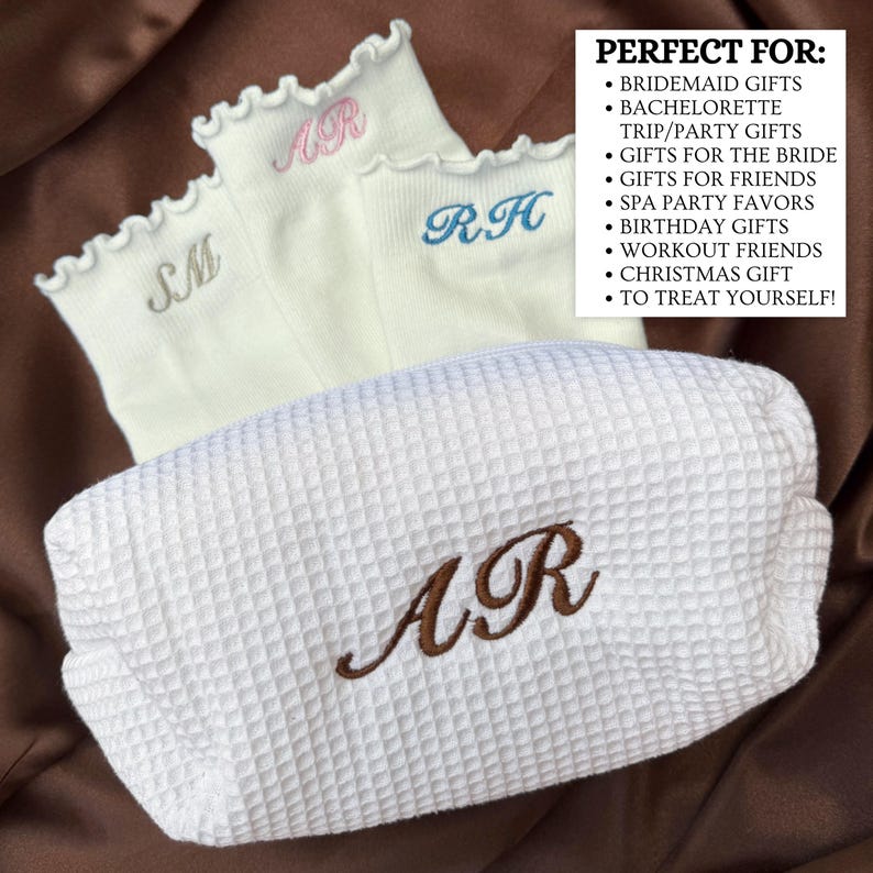 White embroidered pilates socks with custom pastel initials styled on silky satin background featuring feminine ruffle crew socks perfect for pilates lovers yoga girls barre studio outfits bridesmaid gifts birthday presents travel essentials and cozy aesthetic fashion accessories with luxury inspired boutique embroidery trendy minimalist clean girl style and personalized monogram detailing designed for women who love elegant comfortable and stylish everyday socks