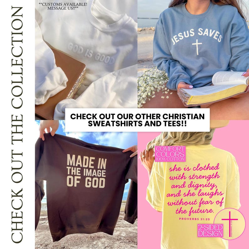 May include: Collection of Christian sweatshirts and tees. Includes a white sweatshirt with "GOD IS GOOD", a blue sweatshirt with "JESUS SAVES", a brown sweatshirt with "MADE IN THE IMAGE OF GOD", and a yellow sweatshirt with a Bible verse.
