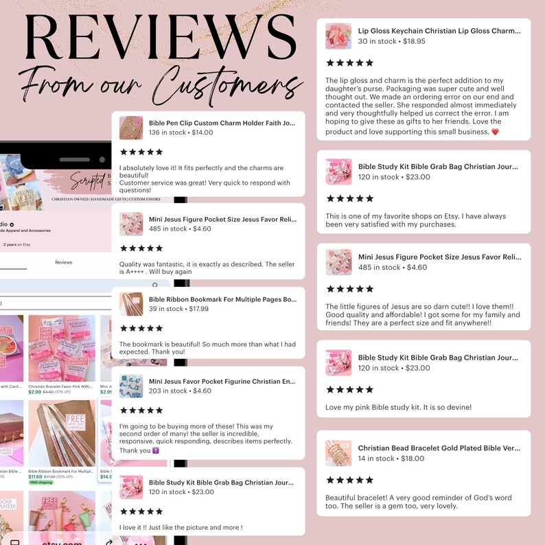May include: Image of customer reviews for various religious-themed products. The reviews are displayed on a pink background with text such as "Reviews From our Customers". Products include Bible study kits, bookmarks, and figurines.