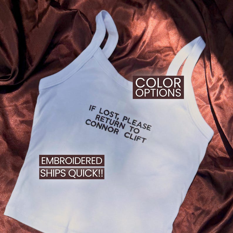 White embroidered tank top with If Lost Please Return To custom wording stitched on front personalized with boyfriend or husband name for funny bachelorette trip outfit and matching bride squad apparel