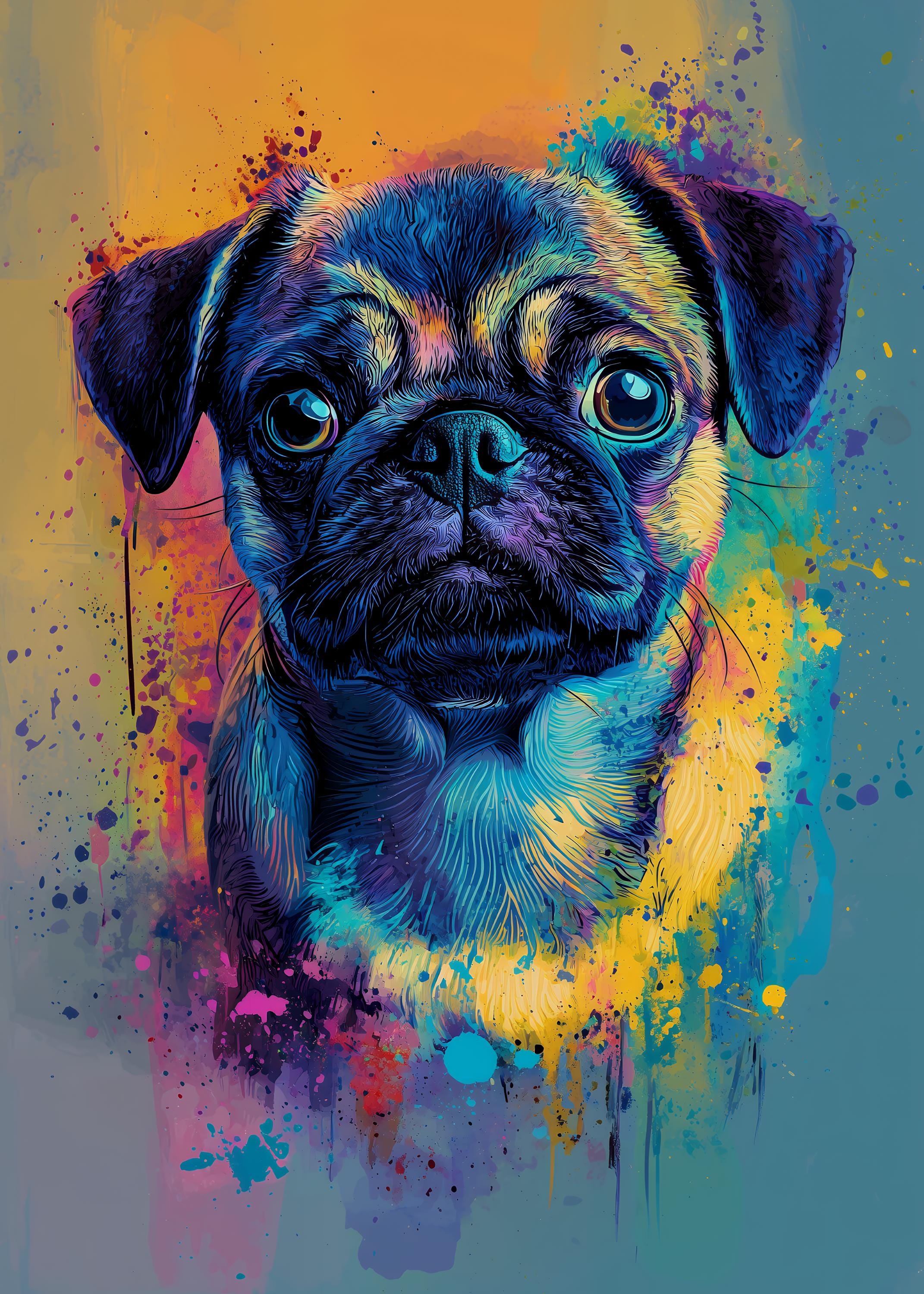 Adorable Pug Dog With Vibrant Paint-splash of Colors Art Print