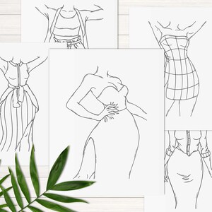 Op de afbeelding: Lijntekeningen van vijf verschillende mode-outfits. Elke tekening toont een vrouw die een andere kledingstijl draagt, waaronder een jurk, een rok en een top, en een jumpsuit.