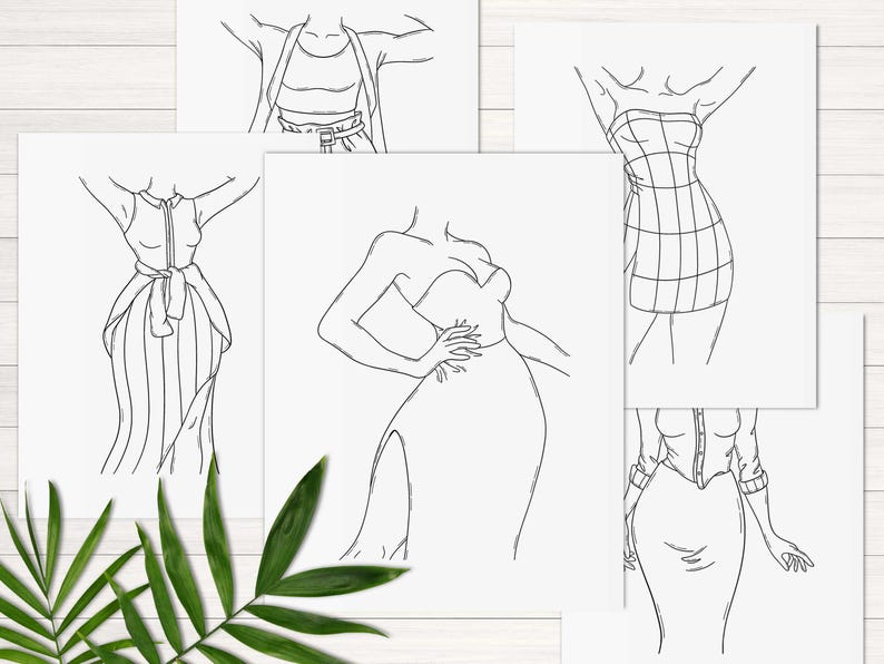 Op de afbeelding: Lijntekeningen van vijf verschillende mode-outfits. Elke tekening toont een vrouw die een andere kledingstijl draagt, waaronder een jurk, een rok en een top, en een jumpsuit.