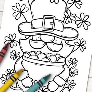 May include: A black and white line drawing of a leprechaun holding a pot of gold. The leprechaun is wearing a hat and has a beard. There are shamrocks around the leprechaun.