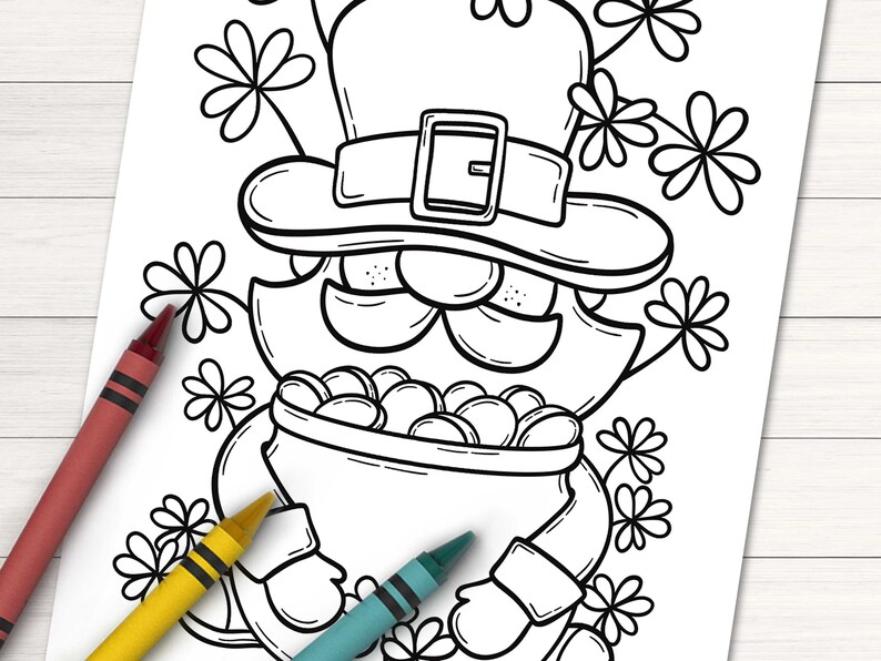 May include: A black and white line drawing of a leprechaun holding a pot of gold. The leprechaun is wearing a hat and has a beard. There are shamrocks around the leprechaun.