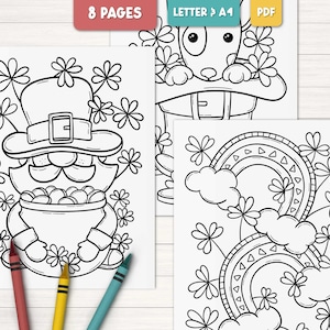 May include: Black and white coloring pages featuring a leprechaun holding a pot of gold, a dog wearing a leprechaun hat, and a rainbow with clouds and shamrocks.