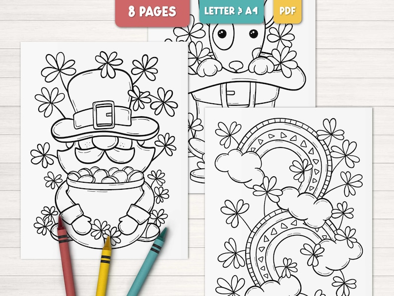 May include: Black and white coloring pages featuring a leprechaun holding a pot of gold, a dog wearing a leprechaun hat, and a rainbow with clouds and shamrocks.
