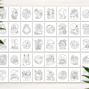 May include: A set of 40 black and white summer themed coloring pages. The pages feature various summer activities, such as swimming, sunbathing, and eating ice cream. There are also images of palm trees, seashells, and beach umbrellas.