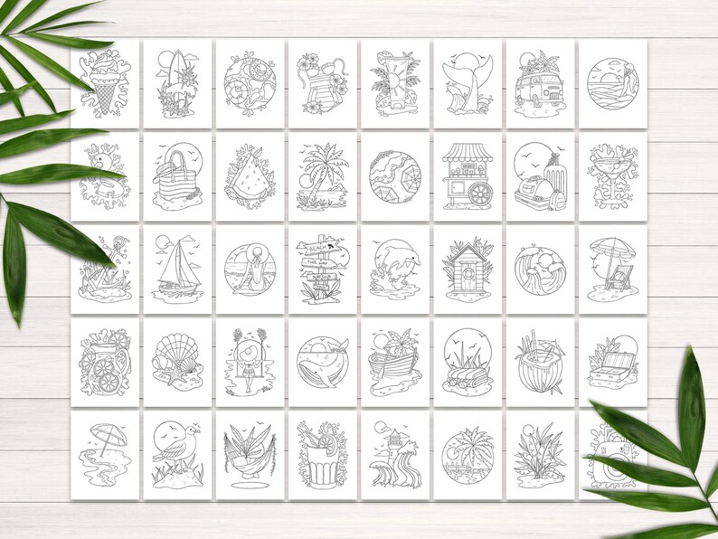 May include: A set of 40 black and white summer themed coloring pages. The pages feature various summer activities, such as swimming, sunbathing, and eating ice cream. There are also images of palm trees, seashells, and beach umbrellas.