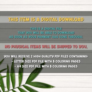 May include: Text on a woodgrain background that reads "This item is a digital download. This is a digital file that you will be able to download as soon as your payment has gone through. No physical items will be shipped to you. You will receive 2 high quality PDF files containing: - Letter size PDF file with 8 coloring pages - A4 size PDF file with 8 coloring pages"