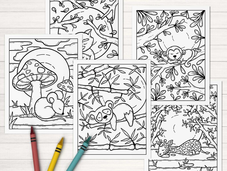May include: Five black and white coloring pages featuring different animals sleeping in a jungle setting. The animals include a mouse, a panda, a monkey, a giraffe, and a sloth.
