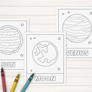 May include: Black and white coloring pages featuring the Sun, Moon, and Venus. Each page has a simple outline of the celestial body and the name of the body in bold text.
