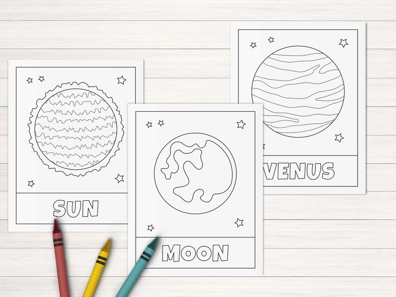 May include: Black and white coloring pages featuring the Sun, Moon, and Venus. Each page has a simple outline of the celestial body and the name of the body in bold text.