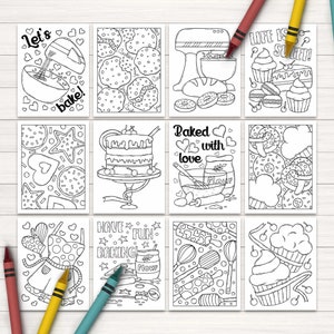 May include: A set of 10 printable coloring pages featuring various baking-themed illustrations. The illustrations include a mixer, cookies, a cake, a cupcake, a rolling pin, and a bowl of flour. The text on the pages includes "Let's bake!" and "Baked with love."