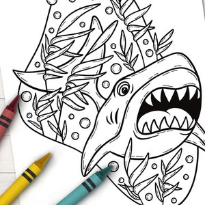 May include: Black and white line art illustration of a shark with its mouth open, surrounded by seaweed and bubbles.