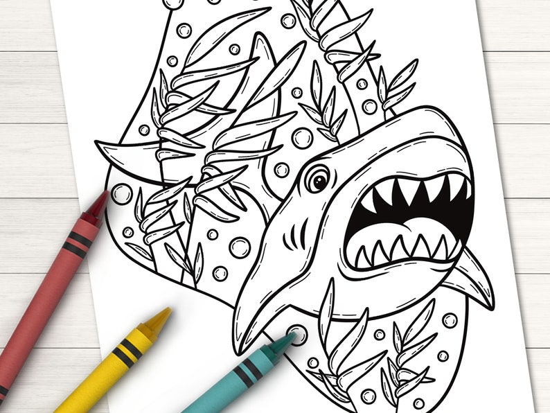 May include: Black and white line art illustration of a shark with its mouth open, surrounded by seaweed and bubbles.