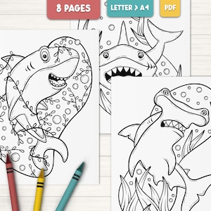 May include: A set of 8 printable coloring pages featuring three different sharks. Each shark is surrounded by bubbles and seaweed. The sharks have big teeth and are drawn in a cartoon style.