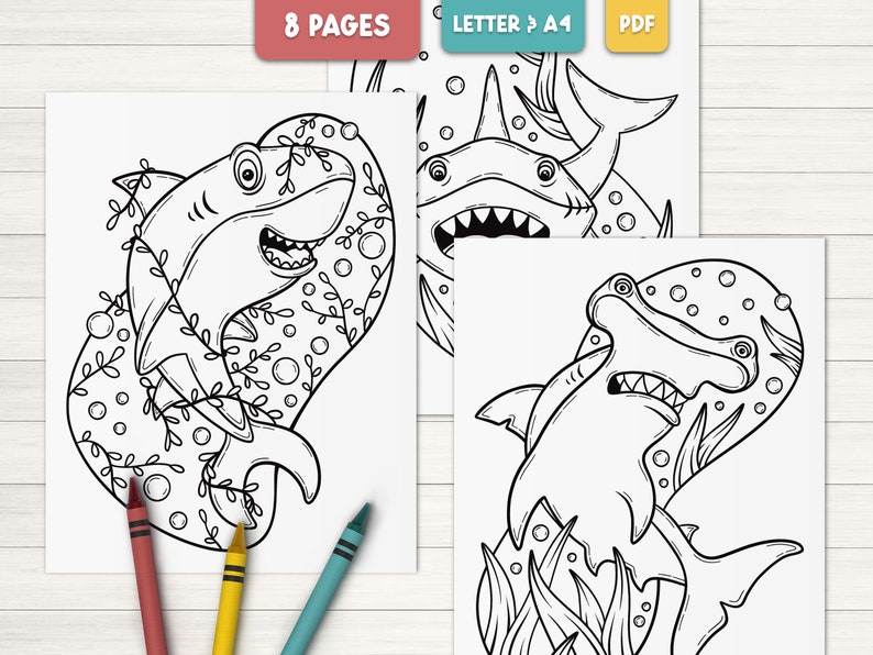 May include: A set of 8 printable coloring pages featuring three different sharks. Each shark is surrounded by bubbles and seaweed. The sharks have big teeth and are drawn in a cartoon style.