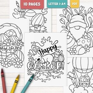 Puede incluir: Un conjunto de 10 p&aacute;ginas para colorear de Pascua imprimibles que presentan un conejito durmiendo sobre la palabra "Easter", un gnomo con huevos, una cesta de huevos, un globo aerost&aacute;tico con huevos y mucho m&aacute;s. Las p&aacute;ginas est&aacute;n dise&ntilde;adas para papel tama&ntilde;o carta.