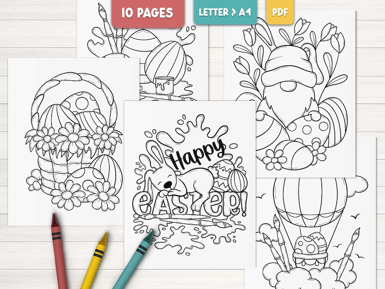 Puede incluir: Un conjunto de 10 p&aacute;ginas para colorear de Pascua imprimibles que presentan un conejito durmiendo sobre la palabra "Easter", un gnomo con huevos, una cesta de huevos, un globo aerost&aacute;tico con huevos y mucho m&aacute;s. Las p&aacute;ginas est&aacute;n dise&ntilde;adas para papel tama&ntilde;o carta.