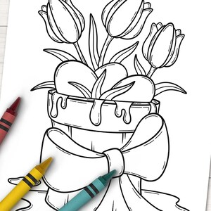 Puede incluir: Un dibujo en blanco y negro de una maceta con un lazo. La maceta est&aacute; llena de tulipes y tiene un dise&ntilde;o en forma de coraz&oacute;n.