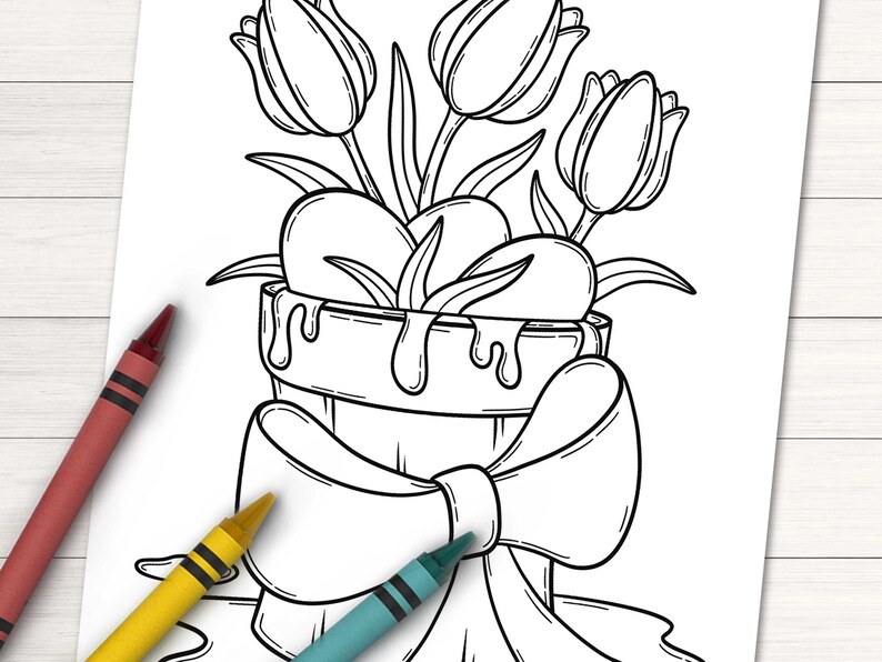 Puede incluir: Un dibujo en blanco y negro de una maceta con un lazo. La maceta est&aacute; llena de tulipes y tiene un dise&ntilde;o en forma de coraz&oacute;n.