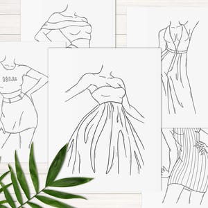 Op de afbeelding: Vijf lijntekeningen van vrouwen in verschillende outfits. De tekeningen zijn in zwart-wit en op een witte achtergrond.