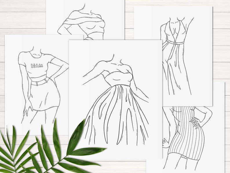 Op de afbeelding: Vijf lijntekeningen van vrouwen in verschillende outfits. De tekeningen zijn in zwart-wit en op een witte achtergrond.
