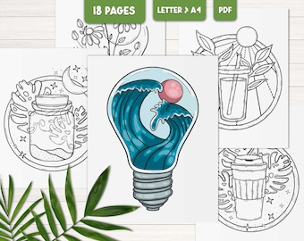 Dibujos para colorear bohemios para adultos, Hojas para colorear imprimibles para aliviar la ansiedad, Libro para colorear sencillo, Dibujos para colorear de paisajes minimalistas