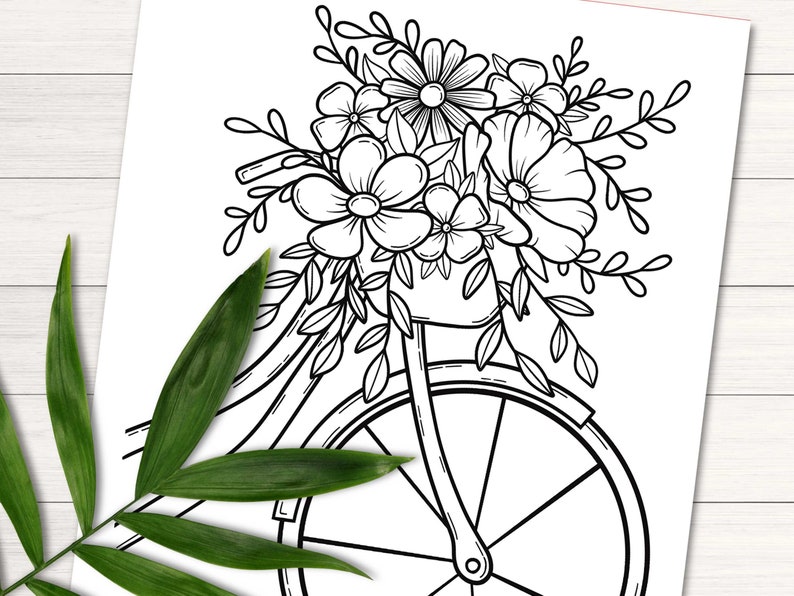 Peut inclure: Un dessin au trait noir et blanc d'un v&eacute;lo avec un panier rempli de fleurs. Le v&eacute;lo a une seule roue avant et un panier sur le guidon. Les fleurs sont en fleurs et ont des formes et des tailles vari&eacute;es.